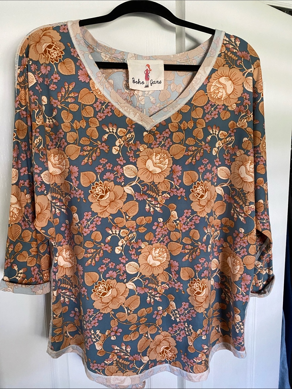 Boho Jane Floral V-Neck Women's Top in Slate Blue and Peach